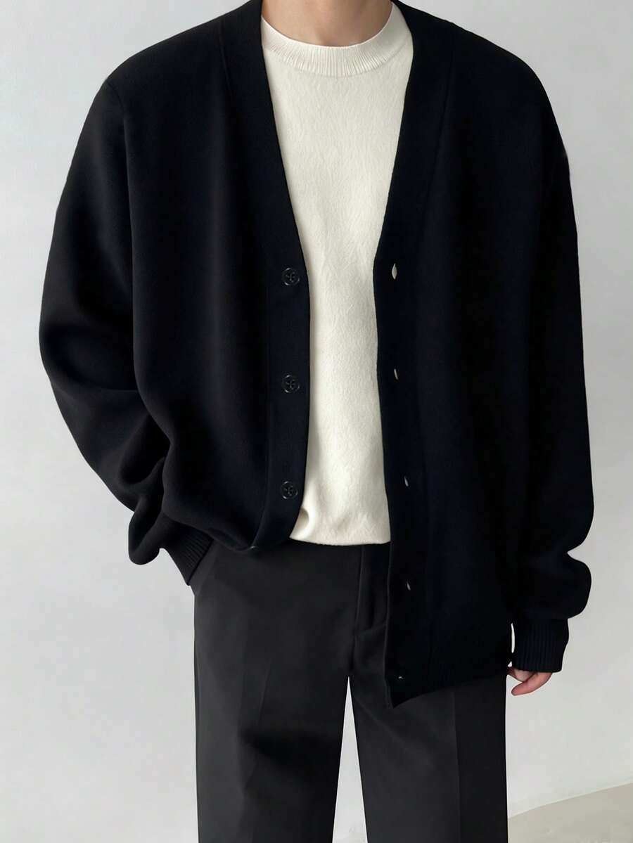 1pc Boy & Boys' Simple Comfortable Casual Outdoor Solid Color Knit Cardigan Sweater, Thick & Warm, Suitable For Spring, Autumn & Winter - Black - View 1