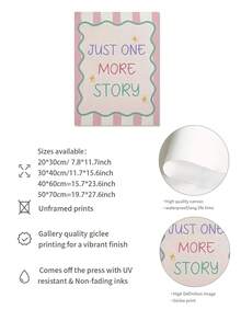 1幅复古儿童房墙面艺术海报 - 粉色和蓝色“再给我讲个故事”无框横幅帆布画 - 充满童趣的儿童房、婴儿房和客厅装饰，背面带粘胶，易于悬挂，高品质印刷，是送给父母的理想礼物 - 彩色 - 查看 3