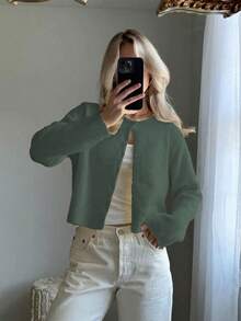 Women's Solid Color Round Neck Button Long Sleeve Knit Cardigan Sweater, Christmas & New Year