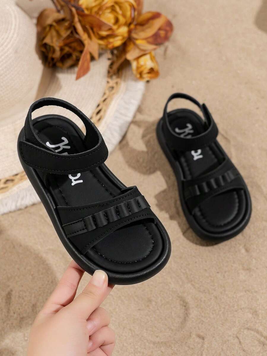 1双女童夏季新款珍珠设计时尚公主凉鞋，儿童软底鞋，幼儿沙滩鞋，时尚女童款 - 黑色 - 查看 1