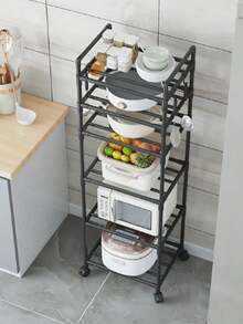 6 Tier Adjustable Kitchen Shelf, Kitchen Organizer Storage Cabinet, Black Metal Shelf With Hooks, Spice Rack, Cookware And Utensil Rack, Home Decorations For Kitchen, Pantry, Bathroom, Valentine's Day And Easter Decorations. - Black - View 3