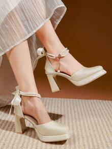 (Suggest Ordering One Size Up) Latest New Thick Heel Waterproof Platform Super High Heel Satin Pearl Bow Shehua Wedding Bridal Shoes - Beige - View 6