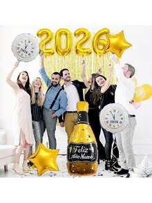 2026 New Year Themed Aluminum Foil Balloon Set, With A Light Luxury And Atmospheric Style, Including Numbers, Champagne Bottles, And Star Shapes, With A Golden Tone, Suitable For New Year Parties, Creating A Luxurious Welcoming Atmosphere. - Multicolor - View 1
