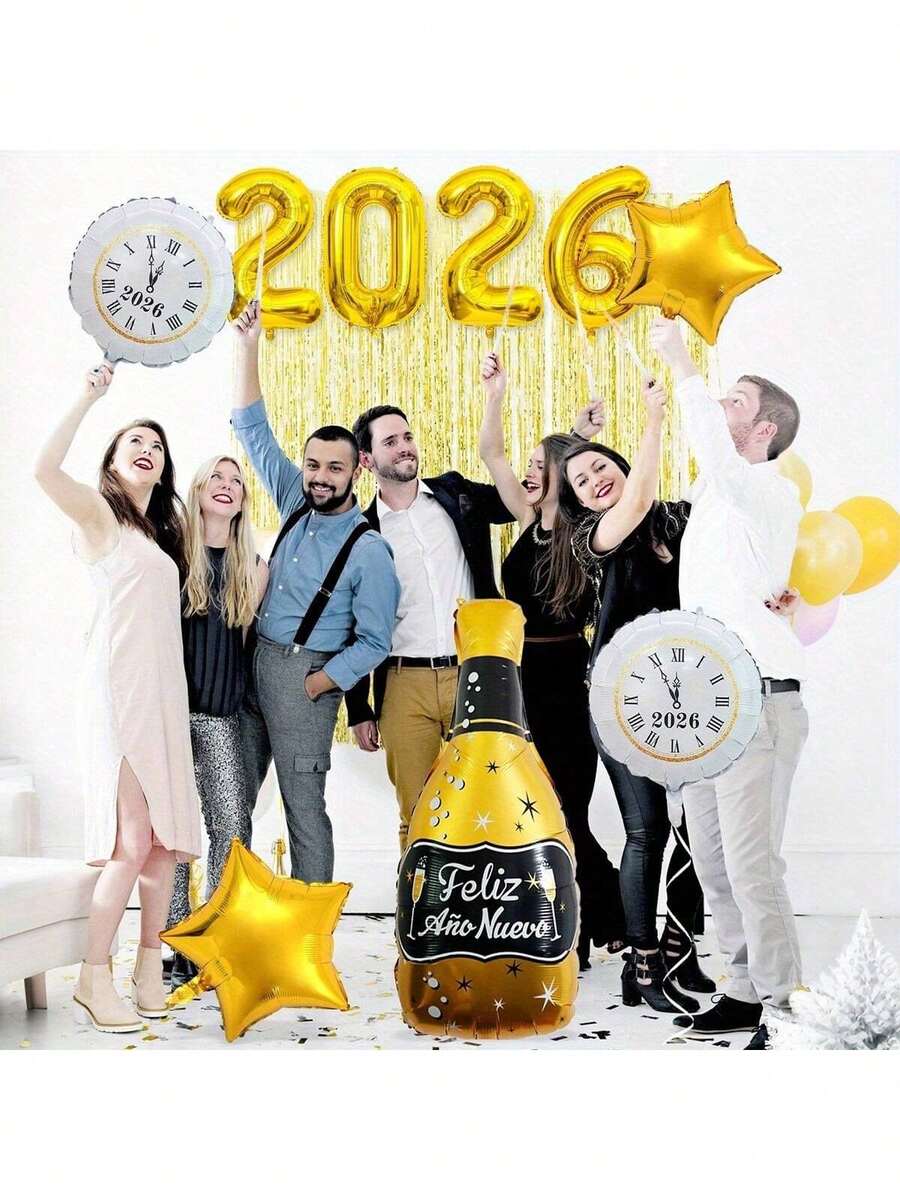 2026 New Year Themed Aluminum Foil Balloon Set, With A Light Luxury And Atmospheric Style, Including Numbers, Champagne Bottles, And Star Shapes, With A Golden Tone, Suitable For New Year Parties, Creating A Luxurious Welcoming Atmosphere. - Multicolor - View 1