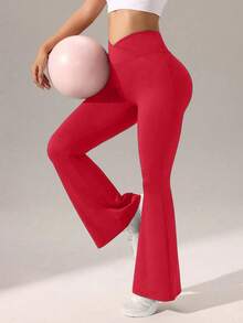 Speed mate 高腰喇叭瑜伽裤，女士提臀紧身打底裤，女士高腰交叉喇叭紧身裤，保暖内衬，冬季款 - 酒紅色 - 查看 2