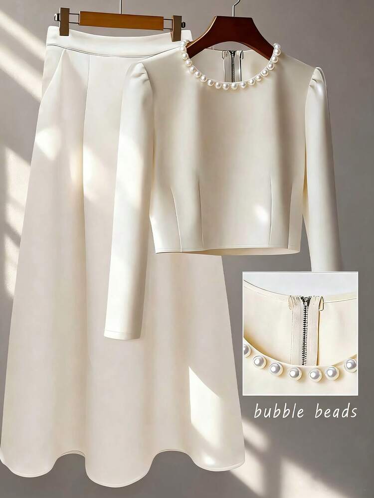 Elegante conjunto de mujer, vestido con mangas abullonadas y decoración de perlas encantadora, vestido para fiesta de Año Nuevo - Albaricoque - Añade 2