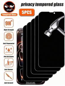 5片装隐私屏幕保护膜，兼容 15/15 Plus/15 Pro/15 Pro Max/14/14 Plus/14 Pro/14 Pro Max/13 Mini/13/13 Pro/13 Pro Max/12 Mini/16/16 Pro/16 Plus/16 Pro Max/17/17 Air/17 Pro/17 Pro Max，钢化玻璃材质，防刮花、防指纹、防摔、防窥，完美贴合手机壳。