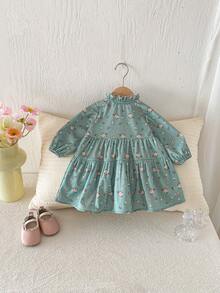 Abito elegante e carino da bambina con colletto arricciato, maniche lunghe e stampa floreale su velluto a coste, adatto per l'autunno/inverno