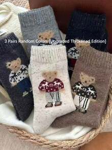 3/5 Pairs Random Vintage Cartoon Polka Dot Cute Bear Mid-Calf Socks, Autumn/Winter - Multicolor - View 13