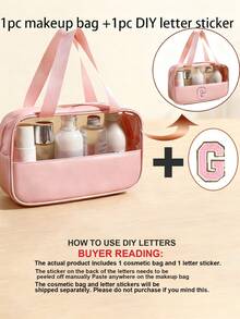 1个透明PVC字母化妆包,防水便携雪尼尔字母拉链化妆品收纳包,简约首字母贴纸旅行化妆包,女士浴室字母印花洗漱包(字母A~Z),送给妈妈的礼物,沙滩包,沙滩必备 - 粉色 - 查看 16