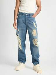 Men's Casual Distressed Washed Blue Denim Jeans