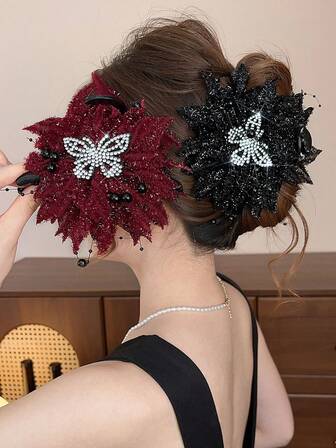 1个优雅花朵蝴蝶流苏发夹，时尚塑料发饰，复古风格，适合秋冬季节，优雅爪夹，时尚发爪，休闲发饰