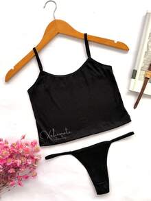 Lingerie Set: Thong Without Padding, Ribbed Suede Fabric, Comfortable, Butt-Lifting, Women's Fashion - màu đen - Xem 1