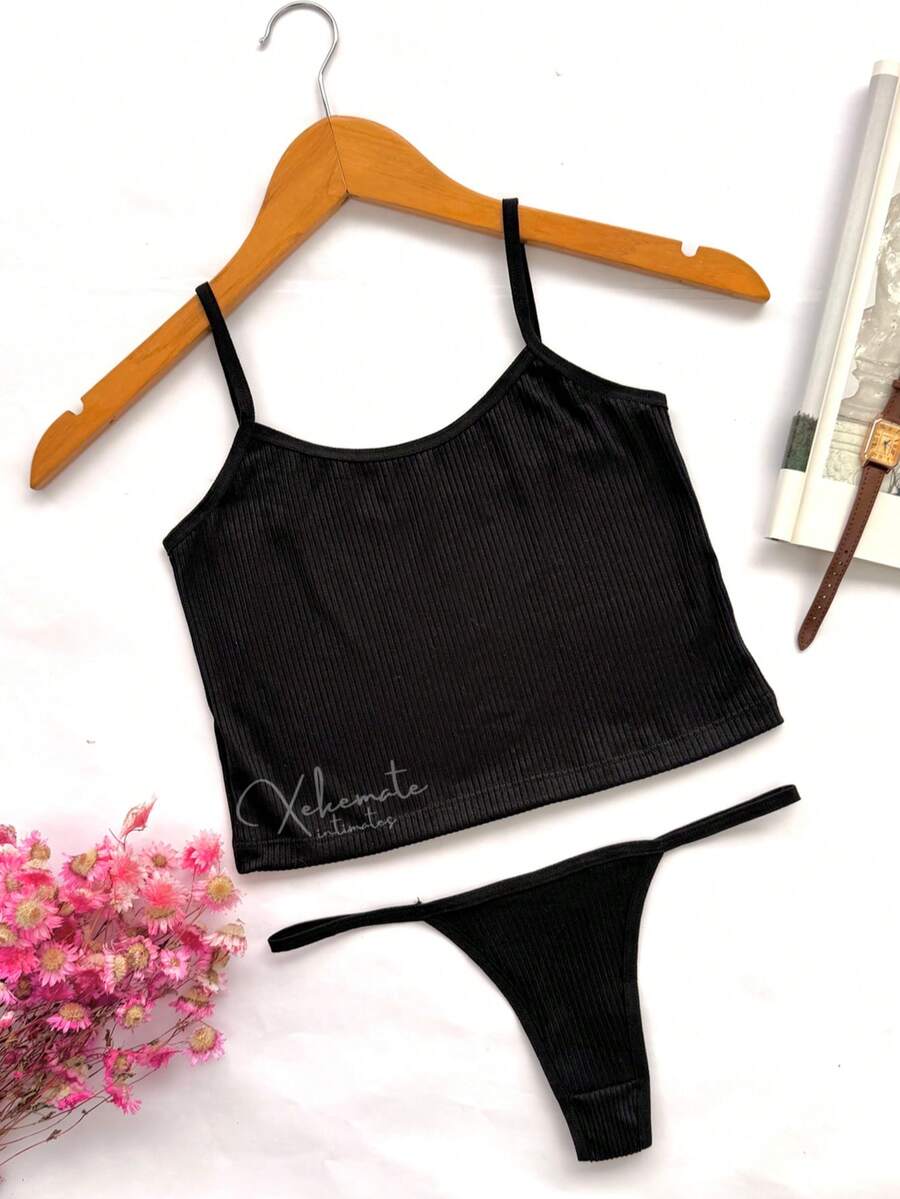 Lingerie Set: Thong Without Padding, Ribbed Suede Fabric, Comfortable, Butt-Lifting, Women's Fashion - màu đen - Xem 1
