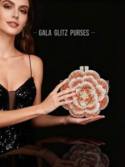 1个迷你优雅手拿包，水钻花朵设计，适合派对和晚宴，奢华手工水晶金属手拿包，女士全钻晚宴手拿包，新颖闪亮手提包，适合新娘/作为礼物