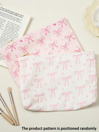 1 szt. Różowa kosmetyczka z nadrukiem serca i dużej kokardy, zapinana na zamek, lekka, codzienna kosmetyczka, odpowiednia dla kobiet w podróży i do użytku na zewnątrz