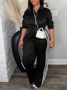 Women's Tracksuit Set, Casual LongSleeve Zip Up Jacket & Pants Set ForSpring & Fall, Women's Clothes For DailyWear - 黑色 - 查看 1