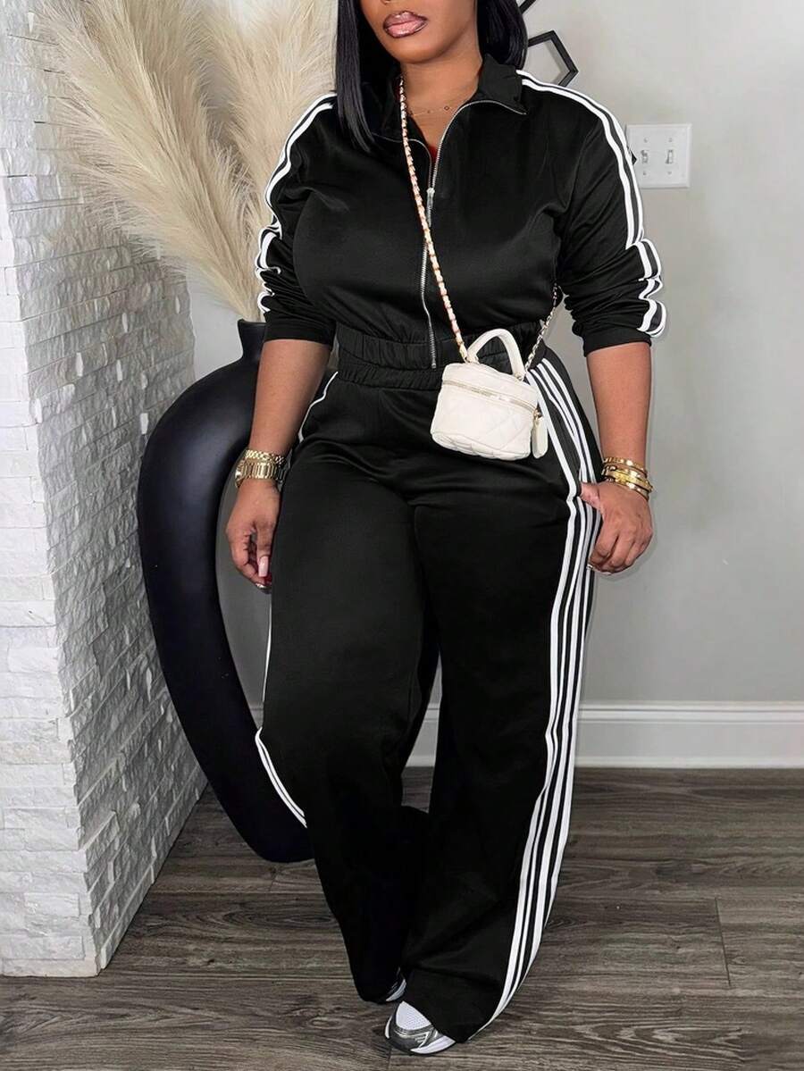 Women's Tracksuit Set, Casual LongSleeve Zip Up Jacket & Pants Set ForSpring & Fall, Women's Clothes For DailyWear - 黑色 - 查看 1