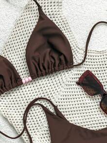 Women's Sexy Bikini Set With Tie Bow, Solid Color With Colorful Beaded Accents, Halter Neck Backless Design, Minimalist Holiday Style, Brown Elegant Swimsuit Set For Summer 2026 - Brown - View 6