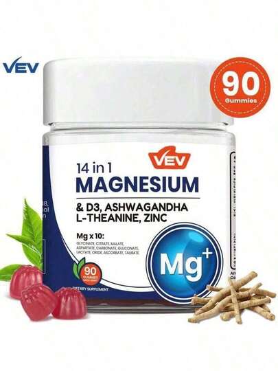 GEL9 VEV 14-In-1 Magnesium Gummies - With Ashwagandha, L-Theanine, Vitamin D3 And Zinc, Maintains Cortisol Balance, Relieves Stress, For Men And Women 90 Natural Magnesium