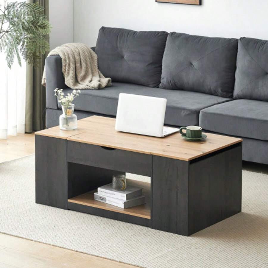 Couchtisch Mit Liftfunktion - 109 Cm, Graues Gestell, Stylish Design, Stauraum Unter Der Tischplatte - Grey+Brown - View 1