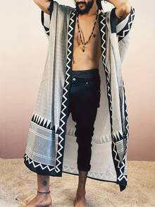 男士波西米亚印花长款和服 - 黑白图案开襟长袍，宽松艺术风外套，适合节日、波西米亚街头风和日常休闲穿搭，男士礼物 - 灰色 - 查看 5