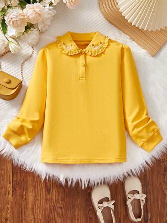 Girls Cute Embroidered Ruffle Collar Long Sleeve T-Shirt, Fashion Breathable Soft Pure Cotton Traceable Fabric, White Top, Spring New Arrival
