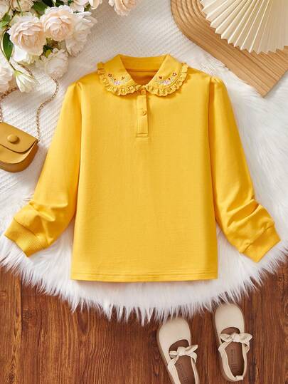 Girls Cute Embroidered Ruffle Collar Long Sleeve T-Shirt, Fashion Breathable Soft Pure Cotton Traceable Fabric, White Top, Spring New Arrival