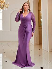 NIKBK Váy dự tiệc thanh lịch cỡ lớn đính đá Rhinestone và lưới vá - Màu tím - Xem 4