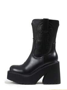 Fashion 2025 Gothic Women Platform Boots Square Toe High Heel Classic Chunky Goth Motorcycle Boots Halloween - 黑色-3 - 查看 9