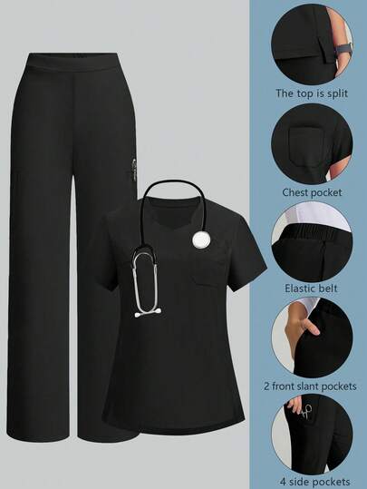 cimmuovere Women's Notched Neck Short Sleeve Solid Color Pocket Top With Slit Hem And Loose Solid Color 6-Pocket Work Pants Scrubs Nurse Scrubs Workwear Dentist Healthcare Pet Hospital Laboratory Uniform Set Black Spring