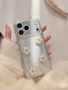 Transparent Epoxy Resin 3D Faux Pearl Flower Phone Case Compatible With Iphone 17 Pro Max, 16 Pro, New 15, 14, 13 - Princess Style High-End Hard Full Coverage - Multicolor - View 5