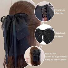 Large Chiffon Silk Hair Bow For Women Mesh Big Bows Hair Clips With Pearls Crystal Tulle Hair Barrettes Long Tail Bowknot Hair Accessories (Black Beads)BlackBeads - 黑珠 - 查看 5