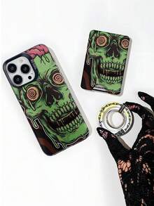 1pc Halloween Style, Green Zombie Skull Pattern , TPU+PET+PC Phone Case , Color-Contrast Camera Frame, Scratch-Resistant Shockproof Cover, Stylish Comfortable Grip, Holiday Gift For Girlfriend Or Self-Use, Compatible With IPhone 17/16/15/14/13/12/11/XR/XSMAX/XS/X Series - 黑色 - 查看 5