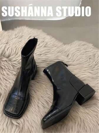 Botas de moda de mujer para otoño/invierno con punta cuadrada, cremallera trasera, opciones de color negro y albaricoque, botas de tobillo versátiles para uso casual y de oficina