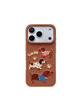 1 pieza Nuevo estuche de teléfono de alta gama con diseño bordado de cachorro de dibujos animados, resistente a golpes, antihuellas dactilares y de cobertura total, adecuado para iPhone 11 12 13 14 15 16 17 Pro Max, color marrón, adecuado para viajes al aire anti-pérdida, otoño/invierno