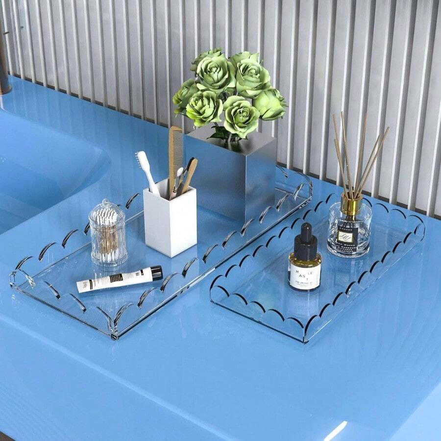 2 Pack Scalloped Acrylic Bathroom Vanity Tray Counter Acrylic Trays Organizing Perfume Sponge Soap Storage Holder Toilet Tray Decor Large: 11 InchLx 5 InchW+ Middle: 8 InchLx 4 InchW - Transparent-a - View 1