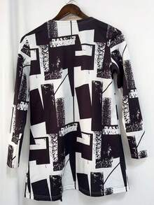 Women's Lightweight Geometric Print Jacket, Long Sleeve, Open Front, Casual/Date/Back To School/Commute, Autumn - Black - View 7