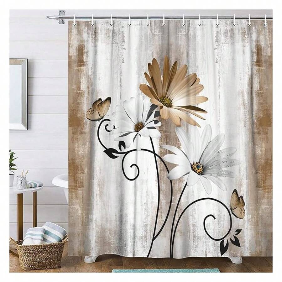 Rustic Farmhouse Shower Curtain, Farm Tan Cream Daisy Floral Flowers And Butterfly On Country Wooden Shower Curtain For Bathroom, Beige Brown Shower Curtain With 12PCS Hooks, 70X84IN - 多色551 - 查看 1