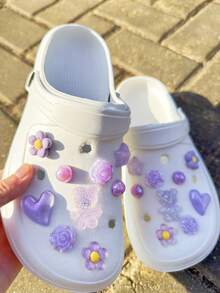 18pcs Purple Bear, Rose, Heart, Flower, Pentagram Detachable Decorative Accessories, Suitable For Sandals, Clogs, Garden Shoes, Beach Shoes, All Season, Great Holiday Gift