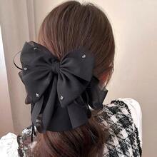 Large Chiffon Silk Hair Bow For Women Mesh Big Bows Hair Clips With Pearls Crystal Tulle Hair Barrettes Long Tail Bowknot Hair Accessories (Crystal Black)CrystalBlack - 水晶黑 - 查看 3