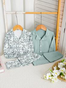 Set Pakaian Rumah Lucu 4 Potong untuk Bayi Perempuan Sepanjang Musim, Motif Bunga & Warna Polos, Atasan Lengan Panjang dan Celana Panjang dengan Kerah Lipat dan Kancing - MultiWarna - View 4