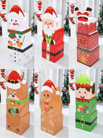 3 pezzi Set di scatole regalo di Natale impilabili, scatole regalo di Natale con pupazzo di neve e Babbo Natale con cappelli, scatole impilabili con coperchi, scatole giganti nidificanti, scatola regalo gigante per decorazioni natalizie per feste a casa