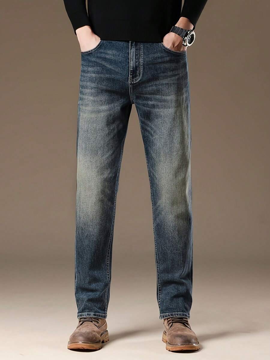 Men's 100% Cotton Slim Fit Straight Leg Jeans Solid Color Slim Fit Style Dark Denim Long-Length Solid Color Vintage Washed Workwear Pants Husband/Boyfriend Gift Work/Outings/Urban/Vacation/Campus Wear Solid Color Regular Fit Pocket Zipper & Button Design Christmas Gift For Husband & Father Men's Jeans - (32L) Vintage Blue Tall Fit - 查看 1
