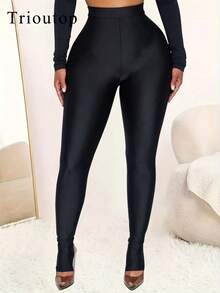 Trioutop 女士休闲纯黑色高弹力打底裤 春季款 - 黑色 - 查看 1