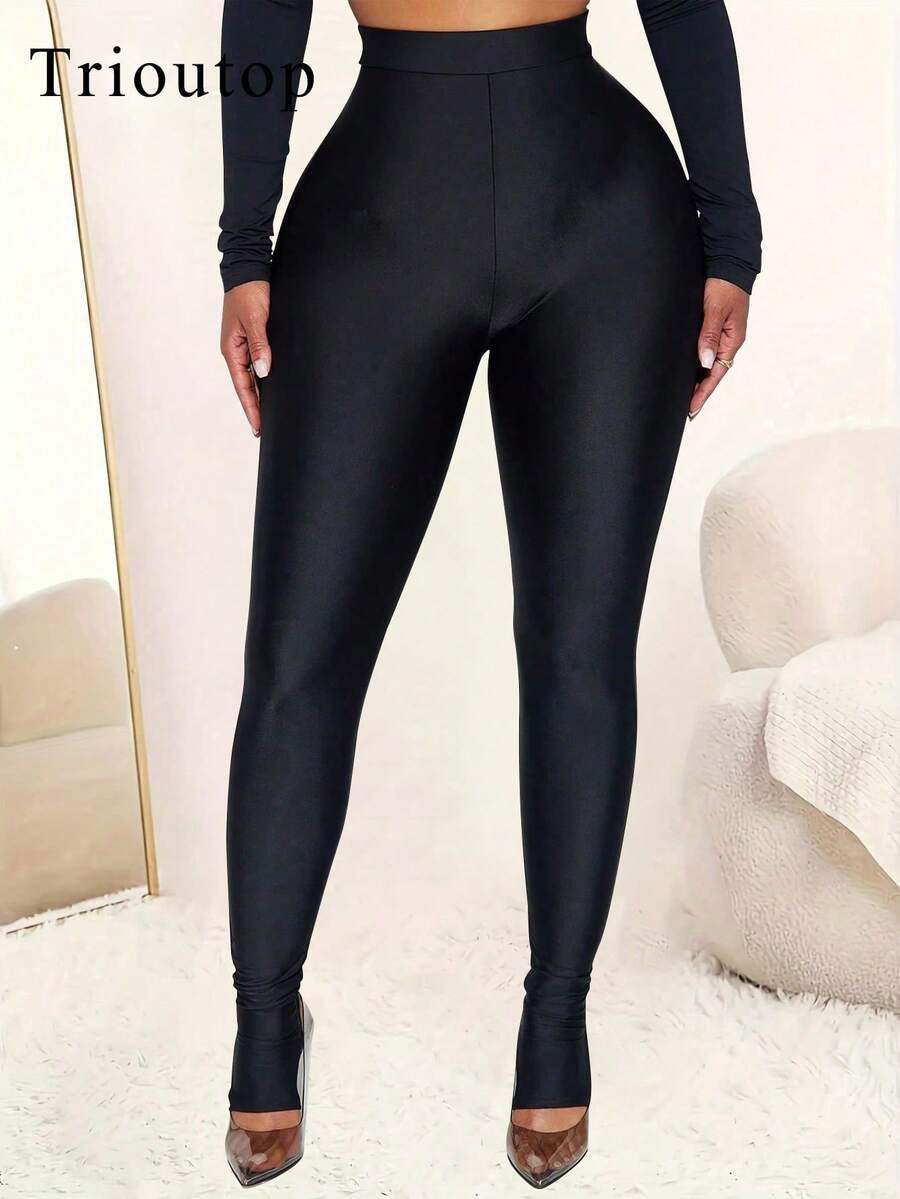Trioutop 女士休闲纯黑色高弹力打底裤 春季款 - 黑色 - 查看 1