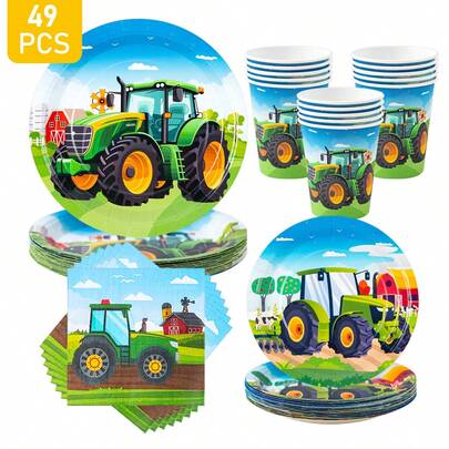 Green Farm Harvester 8-Guest Disposable Tableware Set, Including Plates, Napkins And Cups, Suitable For Birthday, Wedding, Theme Party, Family Picnic