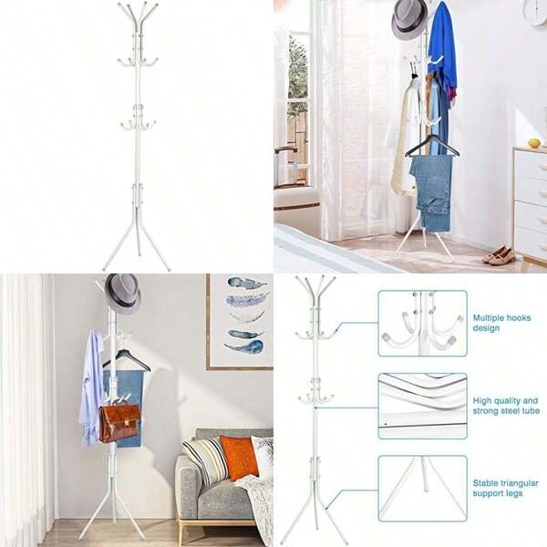 Perchero, 10 ganchos, colgador de metal, soporte de almacenamiento para ropa, árbol de pasillo y entrada, chamarra colgante, ropa, bufandas, bolsos, paraguas (blanco)(Blanco)