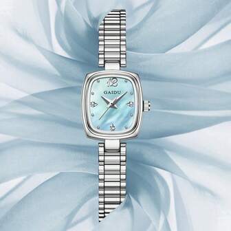  1件 GAIDU 女士时尚简约奢华小方表盘钢带防水石英腕表，适合日常佩戴和聚会场合