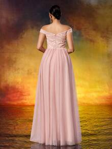 Women's Embroidered One-Shoulder Evening Dress, Elegant Formal Gown Suitable For Formal Dinners, Birthday Parties, Celebrations And Other Occasions - Dusty Pink - View 2